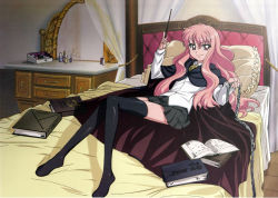 Rule 34 | 00s, 1girl, artist request, bed, black thighhighs, book, cape, chain, highres, long hair, louise francoise le blanc de la valliere, pentacle, pillow, pink hair, sitting, solo, thighhighs, wand, zero no tsukaima, zettai ryouiki