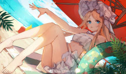 Rule 34 | 1girl, abigail williams (fate), abigail williams (swimsuit foreigner) (fate), abigail williams (swimsuit foreigner) (third ascension) (fate), bare shoulders, beach, beach umbrella, bikini, blonde hair, blue eyes, bow, breasts, chinese commentary, cloud, day, fate/grand order, fate (series), forehead, frilled bikini, frills, hair bow, highres, innertube, light, long hair, looking at viewer, ocean, outdoors, palm tree, parted bangs, shore, sidelocks, sitting, sky, small breasts, solo, sunlight, swim ring, swimsuit, tree, twintails, type-moon, umbrella, very long hair, water, weibo logo, weibo watermark, white bikini, white bow, white headwear, yakumo 1041624199
