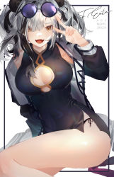 Rule 34 | 1girl, absurdres, animal ears, arknights, bad id, bad pixiv id, breasts, brown eyes, china dress, chinese clothes, cleavage, cleavage cutout, clothing cutout, dress, eyewear on head, fangs, feater (arknights), hatachi8p, highres, large breasts, long hair, looking at viewer, multicolored hair, open mouth, panda, panda ears, purple-tinted eyewear, round eyewear, silver hair, simple background, sitting, smile, solo, streaked hair, sunglasses, sunglasses on head, tinted eyewear, underwear, v