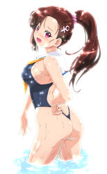 Rule 34 | 1girl, ass, blue one-piece swimsuit, breasts, brown hair, competition swimsuit, from behind, hair ornament, hair scrunchie, hairclip, high ponytail, hino hitomi, kohsaka jun, leotard, looking at viewer, looking back, medium breasts, murenase! shiiton gakuen, one-piece swimsuit, ponytail, purple eyes, scrunchie, shiny clothes, shiny skin, solo, standing, swimsuit, thong leotard, wedgie, wet