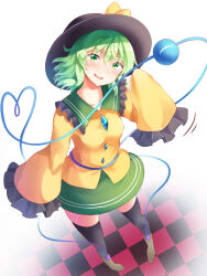 Rule 34 | &gt;:), 1girl, black hat, bow, breasts, brown footwear, buttons, collar, diamond button, frilled collar, frilled sleeves, frills, full body, green eyes, green hair, green sailor collar, green skirt, hair between eyes, hat, hat bow, head tilt, heart, heart of string, highres, komeiji koishi, looking at viewer, medium hair, motion lines, nagomian, open mouth, round teeth, sailor collar, shirt, simple background, skirt, sleeves past fingers, sleeves past wrists, small breasts, smile, smug, solo, standing, teeth, thighhighs, third eye, touhou, upper teeth only, v-shaped eyebrows, waving, wavy hair, white background, wide sleeves, yellow bow, yellow shirt, zettai ryouiki