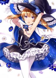 Rule 34 | 1girl, armpits, black bow, black dress, black hat, blue bow, blue flower, blush, bow, breasts, brown hair, cape, dress, feathers, floating hair, flower, hair between eyes, hands on headwear, hat, hat bow, hat feather, hat flower, highres, layered dress, long hair, looking at viewer, medium breasts, open mouth, original, purple eyes, ribbon, short dress, sideboob, sleeveless, sleeveless dress, solo, standing, strapless, strapless dress, striped, striped bow, tan (tangent), twintails, v-shaped eyebrows, white background, white cape, white feathers, white flower, white ribbon, witch hat
