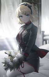 Rule 34 | 1girl, black bow, blonde hair, blue eyes, bouquet, bow, buttons, ceiling39, closed mouth, commentary, curtains, flower, hair ornament, hairband, hairpin, highres, holding, holding bouquet, indoors, jacket, kagamine rin, lapels, light up the fire (project sekai), long sleeves, looking at viewer, multiple hairpins, necktie, notched lapels, official alternate costume, open clothes, open jacket, project sekai, ribbon, short hair, shorts, sitting, solo, vivid bad squad (project sekai), vivid bad squad rin, vocaloid