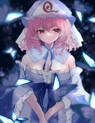 Rule 34 | 1girl, blue butterfly, blue dress, blue ribbon, blurry, blush, bokeh, breasts, bug, butterfly, cleavage, depth of field, detached collar, detached sleeves, dress, frilled sleeves, frills, hat, highres, insect, large breasts, mikan (manmarumikan), mob cap, neck ribbon, own hands together, pink eyes, pink hair, ribbon, saigyouji yuyuko, smile, solo, touhou, wide sleeves
