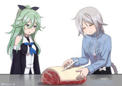 Rule 34 | 10s, 2girls, :&gt;, ^ ^, braid, closed eyes, commentary request, detached sleeves, closed eyes, food, green eyes, green hair, hair between eyes, hair ornament, hair ribbon, hairclip, holding, injection, kantai collection, long hair, meat, misumi (niku-kyu), multiple girls, parted lips, ribbon, school uniform, serafuku, silver hair, simple background, single braid, smile, syringe, umikaze (kancolle), white background, yamakaze (kancolle)