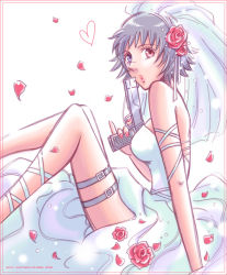Rule 34 | 1girl, black hair, blue eyes, breasts, capcom, devil may cry (series), devil may cry 3, dress, female focus, flower, gun, hair ornament, heterochromia, lady (devil may cry), red eyes, rose, short hair, sitting, solo, thigh strap, unitedflavors, weapon, wedding dress, white background