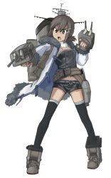 Rule 34 | &gt;:o, 10s, 1girl, :o, alternate costume, asagiri asagi, asagiri asagi (cosplay), black hair, coat, cosplay, ergot, faux traditional media, finger on trigger, fubuki (kancolle), full body, hair ornament, hairclip, highres, kantai collection, look-alike, navel, nippon ichi, open mouth, ponytail, shoes, short hair, shorts, simple background, solo, thighhighs, trait connection, turret, v-shaped eyebrows, white background, zettai ryouiki