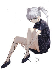 Rule 34 | 1girl, :/, ahoge, black dress, black footwear, blunt bangs, closed mouth, collared dress, commentary request, dress, expressionless, from side, full body, green eyes, invisible chair, knee up, looking at viewer, looking to the side, maeda risou, original, pinup (style), plaid, plaid dress, seiza, shoes, short hair, short sleeves, silver hair, sitting, sketch, solo, tsurime, twintails, tying shoes, wing collar