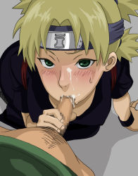 Rule 34 | arm support, blonde hair, blush, censored, cum, cum in mouth, facial, fellatio, from above, green eyes, headband, kyosu, naruto, naruto (series), oral, penis, pubic hair, quad tails, sweat, temari (naruto)