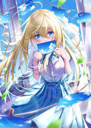 Rule 34 | 1girl, absurdres, ahoge, blonde hair, blue bow, blue bowtie, blue eyes, blue skirt, blush, bow, bowtie, breasts, commentary request, covering own mouth, dress shirt, hair between eyes, highres, holding, holding photo, leaf, long hair, looking at viewer, medium breasts, medium skirt, original, photo (object), pleated skirt, shirt, short sleeves, signature, skirt, solo, takemura kou, very long hair, white shirt