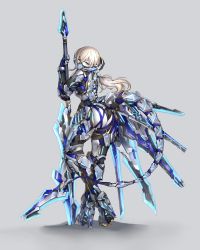 Rule 34 | 1girl, absurdres, alternate color, armor, ass, blue eyes, bodysuit, commentary, english commentary, full body, grey background, headgear, highres, holding, holding polearm, holding spear, holding weapon, hyemalequisetum, long hair, looking at viewer, looking back, mask, mecha musume, mechanical tail, neon trim, original, planted, planted spear, polearm, solo, spear, standing, tail, weapon, white hair