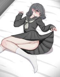Rule 34 | 1girl, ass, blush, bottomless, cleft of venus, clothes lift, eyebrows hidden by hair, eyes visible through hair, female focus, grey hair, grey shirt, highres, legs together, lying, medium hair, mustee, ok sign, on bed, on side, original, oversized clothes, paid reward available, pussy, sailor collar, shirt, skirt, skirt lift, socks, solo, solo focus, tagme, thighs, white socks