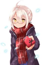 Rule 34 | 1girl, ahoge, artoria pendragon (all), artoria pendragon (fate), blonde hair, blush, braid, closed mouth, coat, duffel coat, fate/grand order, fate (series), french braid, fringe trim, hair between eyes, highres, looking at viewer, mysterious heroine x alter (fate), mysterious heroine x alter (first ascension) (fate), open clothes, open coat, petals, plaid, plaid scarf, red scarf, saber (fate), scarf, short hair, sidelocks, simple background, solo, upper body, valentine, white background, yellow eyes, yoshikita popuri