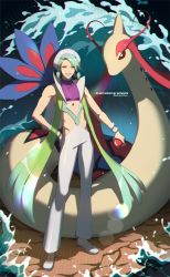 Rule 34 | 1boy, absurdres, aqua vest, bangle, bracelet, capelet, commentary request, creatures (company), crop top, game freak, gen 3 pokemon, green hair, gym leader, highres, holding, holding poke ball, jewelry, korean commentary, male focus, milotic, nintendo, pants, pectorals, poke ball, poke ball (basic), pokemon, pokemon (creature), pokemon oras, pokepokelove, purple shirt, shirt, shoes, short hair, skin tight, sleeveless, sleeveless shirt, smile, standing, twitter username, wallace (pokemon), water, water drop, white capelet, white pants