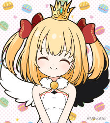 Rule 34 | 1girl, ^ ^, asymmetrical wings, bare shoulders, black wings, blonde hair, bow, breasts, closed eyes, closed mouth, commentary request, crown, dress, facing viewer, hair bow, heart, marl (shironeko project), mini crown, mismatched wings, mitya, polka dot, polka dot background, red bow, shironeko project, small breasts, smile, solo, twitter username, two side up, upper body, white background, white dress, white wings, wings