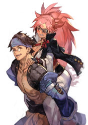 Rule 34 | 1boy, 1girl, abs, amputee, arc system works, baiken, breasts, brown eyes, brown hair, carrying, cleavage, clenched teeth, eyepatch, facial mark, glasses, guilty gear, guilty gear strive, guilty gear xrd, headband, hungry clicker, large breasts, long hair, mito anji, piggyback, pink eyes, pink hair, scar, scar across eye, scar on face, short hair, simple background, teeth, traditional media, white background