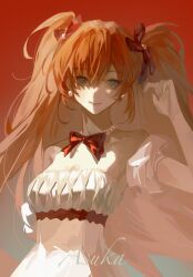 Rule 34 | 1girl, absurdres, alternate costume, bare shoulders, bead necklace, beads, blue eyes, bow, bowtie, character name, collarbone, detached sleeves, dress, earrings, hair between eyes, hair bow, hand up, highres, jewelry, long hair, necklace, neon genesis evangelion, orange hair, pearl earrings, red background, red bow, red bowtie, simple background, solo, souryuu asuka langley, strapless, strapless dress, two side up, upper body, white dress, xihe234957