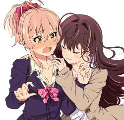 Rule 34 | 2girls, absurdres, ahoge, bow, bowtie, breasts, brown hair, cleavage, closed eyes, collarbone, earrings, floating hair, grey sweater, hair between eyes, hair bow, hands on another&#039;s shoulders, highres, ichinose shiki, idolmaster, idolmaster cinderella girls, jewelry, jougasaki mika, long hair, medium breasts, multiple girls, okuba, open mouth, pink bow, pink bowtie, pink hair, ponytail, purple sweater, red bow, shirt, simple background, smile, striped bow, striped bowtie, striped clothes, striped neckwear, sweater, upper body, very long hair, white background, white shirt, yellow eyes