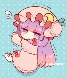 Rule 34 | &gt;:(, 1girl, bad id, bad pixiv id, blue background, blunt bangs, blush, blush stickers, bow, bun cover, capelet, chibi, closed mouth, commentary request, crescent, crescent pin, dress, flying sweatdrops, frown, full body, hair bow, hair bun, hat, long hair, long sleeves, looking at viewer, looking to the side, mashiro miru, mob cap, patchouli knowledge, pink capelet, pink dress, pink hat, polka dot, polka dot background, purple eyes, purple hair, red bow, side bun, single side bun, socks, solo, touhou, trembling, twitter username, v-shaped eyebrows, very long hair, white socks