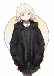 Rule 34 | 1girl, absurdres, bandaid, bandaid on face, black coat, black sweater, blonde hair, blue eyes, circle, closed mouth, coat, collar, commentary request, cowboy shot, hands in pockets, highres, jacket, looking at viewer, open clothes, open coat, original, roisa, short hair, solo, sweater, white background, white collar