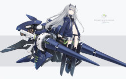 Rule 34 | 1girl, black footwear, black panties, blue jacket, blush, boots, closed mouth, flat chest, full body, grey background, grey hair, hood, hood down, hooded jacket, horns, jacket, knee boots, lance, long hair, long sleeves, looking at viewer, machinery, mecha musume, navel, no pants, open clothes, open jacket, original, panties, poco (asahi age), polearm, purple eyes, sidelocks, sleeves past wrists, solo, stomach, thighs, two-tone background, underwear, weapon, white background