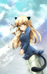 Rule 34 | 00s, 1girl, animal ears, blonde hair, cloud, day, dress, glasses, highres, long hair, looking at viewer, ooka (skavler), pantyhose, perrine h. clostermann, sky, solo, strike witches, striker unit, tail, uniform, wind, world witches series, yellow eyes