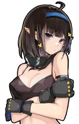 Rule 34 | 1girl, arknights, arm hug, arm strap, bare shoulders, black gloves, black scarf, blue hairband, breasts, brown hair, cleavage, closed mouth, commentary, eunectes (arknights), flower, gloves, hair flower, hair ornament, hairband, head tilt, holding own arm, idashige (walkietalkie), looking at viewer, outline, pointy ears, purple eyes, scarf, shiny skin, short hair, sidelocks, simple background, small breasts, solo, upper body, white background, yellow flower