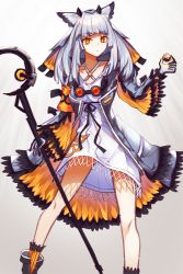Rule 34 | 1girl, animal ears, arknights, bare legs, bird ears, black ribbon, closed mouth, coat, collarbone, commentary request, cuicuijiao, dress, expressionless, feathers, feet out of frame, gloves, grey background, grey coat, grey gloves, grey hair, highres, holding, holding staff, long hair, long sleeves, open clothes, open coat, orange coat, orange eyes, originium (arknights), ptilopsis (arknights), ribbon, solo, staff, two-sided coat, two-sided fabric, white dress