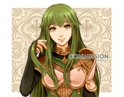 Rule 34 | 1girl, armor, artist name, breastplate, commentary, commission, dress, english commentary, fire emblem, fire emblem echoes: shadows of valentia, green dress, green eyes, green hair, hand in own hair, long hair, looking at viewer, nintendo, palla (fire emblem), parted lips, schereas, smile, solo, upper body