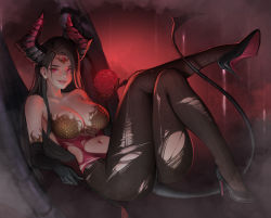 Rule 34 | 1girl, absurdres, bad id, bad pixiv id, bare shoulders, black footwear, black gloves, breasts, brown hair, brown pantyhose, circlet, cleavage, crossed legs, demon girl, demon horns, demon tail, demon wings, full body, gg amang, gloves, high heels, highres, holding orb, horns, large breasts, long hair, looking at viewer, lost ark, midriff, mole, mole on breast, navel, pantyhose, parted lips, pink hair, slit pupils, smile, solo, tail, torn clothes, torn pantyhose, vykas (lost ark), wings