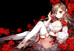 Rule 34 | 1girl, black background, blush, braid, breasts, brown hair, bug, butterfly, cleavage, cleavage cutout, clothing cutout, commentary request, corset, dress, earrings, flower, frilled sleeves, frills, gem, hair ornament, high heels, highres, holding, insect, jewelry, knee up, long hair, long sleeves, looking at viewer, medium breasts, nardack, open mouth, original, partially submerged, petals, puffy long sleeves, puffy sleeves, red eyes, red flower, red footwear, red gemstone, red rose, rose, rose petals, shoes, side braid, simple background, sitting, solo, thigh strap, thighhighs, twin braids, water, wavy hair, white thighhighs