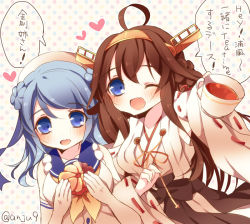 Rule 34 | 10s, 2girls, :d, ;d, anju (meipurusanchi), blue eyes, blue hair, blush, breasts, brown eyes, cup, double bun, doughnut, dress, elbow gloves, food, gloves, hair bun, hairband, hat, holding, kantai collection, kongou (kancolle), long hair, medium breasts, multiple girls, nontraditional miko, one eye closed, open mouth, school uniform, serafuku, sleeves rolled up, smile, teacup, translation request, twitter username, urakaze (kancolle), white hat