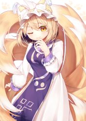 Rule 34 | 1girl, absurdres, arm up, blonde hair, breasts, contrapposto, cowboy shot, dress, finger to own chin, fox tail, gunjou row, hair between eyes, hat, hat with ears, highres, long sleeves, medium breasts, multiple tails, nail polish, ofuda, one eye closed, orange nails, paw print, paw print background, short hair, sleeve cuffs, slit pupils, smile, solo, standing, tabard, tail, tassel, touhou, white background, white dress, yakumo ran, yellow eyes