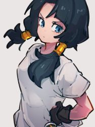 Rule 34 | 1girl, black gloves, black hair, blue eyes, dragon ball, dragonball z, gloves, grey background, hand on own hip, kemachiku, long hair, looking at viewer, shirt, short sleeves, simple background, solo, twintails, videl, white shirt