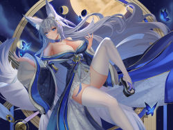 Rule 34 | 1girl, absurdres, animal ear fluff, animal ears, azur lane, bare shoulders, blue butterfly, blue collar, blue kimono, breasts, bug, butterfly, cleavage, collar, detached collar, floating, floating hair, foot out of frame, fox ears, fox girl, fox tail, full moon, gold trim, highres, huge breasts, insect, japanese clothes, kimono, kitsune, kyuubi, long hair, long sleeves, looking at viewer, moon, moon phases, multiple tails, night, purple eyes, shinano (azur lane), skirt, skirt under kimono, sleeves past wrists, tail, theblu3jay, thighhighs, very long hair, white hair, white skirt, white tail, white thighhighs, wide sleeves, wrist flower