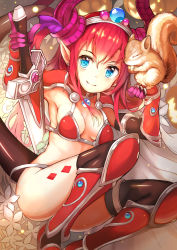 Rule 34 | 1girl, armor, bikini, bikini armor, black thighhighs, blue eyes, breasts, cape, dragon girl, dragon horns, dragon tail, earrings, elizabeth bathory (brave) (fate), elizabeth bathory (fate), fate/grand order, fate (series), flower, gauntlets, greaves, hair between eyes, holding, holding sword, holding weapon, horns, jewelry, long hair, looking at viewer, nail polish, oversized clothes, pink hair, pink nails, pointy ears, red armor, red bikini, red thighhighs, small breasts, solo, squirrel, swimsuit, sword, tail, thighhighs, tiara, umagenzin, weapon, white cape, white flower
