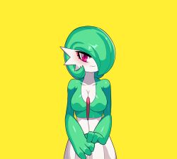 Rule 34 | 1girl, breasts, cleavage, cowboy shot, creatures (company), drunkoak, game freak, gardevoir, gen 3 pokemon, green hair, hair over one eye, large breasts, looking at viewer, nintendo, pokemon, pokemon (creature), red eyes, shiny skin, short hair, simple background, solo, standing, wavy hair, yellow background