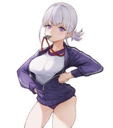 Rule 34 | 1girl, alternate costume, blowing whistle, buruma, cowboy shot, girls&#039; frontline, gym uniform, hand on own hip, jacket, looking at viewer, mouth hold, open clothes, purple buruma, purple eyes, purple jacket, rpk-16 (girls&#039; frontline), shirt, short hair, simple background, solo, standing, thighs, track jacket, whistle, white background, white shirt, zerowill