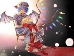 Rule 34 | 2girls, ankle socks, bad id, bad pixiv id, bat wings, blonde hair, blue hair, bow, chair, closed eyes, flandre scarlet, gradient background, hand on another&#039;s head, hat, hat ribbon, head rest, herr meer, highres, kneeling, light particles, looking at another, mary janes, mob cap, multiple girls, on lap, pointy ears, puffy short sleeves, puffy sleeves, red eyes, remilia scarlet, ribbon, shoes, short hair, short sleeves, siblings, sisters, sitting, skirt, skirt set, slit pupils, smile, socks, touhou, wings
