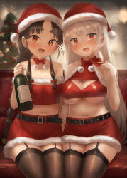 Rule 34 | 2girls, belt, black belt, black hair, black thighhighs, bottle, breasts, brown eyes, cleavage, conte di cavour (kancolle), cup, drinking glass, garter straps, grey hair, hat, highres, holding, holding bottle, holding cup, kantai collection, large breasts, long hair, multiple girls, navel, nisshin (kancolle), pom pom (clothes), red headwear, santa hat, thighhighs, toka (marchlizard), very long hair, wine glass