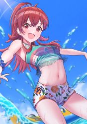 Rule 34 | 1girl, absurdres, ahoge, anchor symbol, bare shoulders, bikini, blue sky, blurry, blurry background, breasts, crop top, crossed bangs, from below, hair between eyes, hair ornament, hair scrunchie, hairclip, highres, idolmaster, idolmaster shiny colors, inflatable toy, komiya kaho, light blush, long hair, looking at viewer, medium breasts, midriff, navel, open arms, open mouth, osoba susurukun, outstretched arms, ponytail, red eyes, red hair, scrunchie, shirt, short shorts, shorts, sidelocks, sky, sleeveless, sleeveless shirt, small breasts, smile, solo, splashing, swimsuit, wading, water, wrist scrunchie