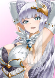 Rule 34 | 1girl, animal ears, arms behind head, asymmetrical clothes, bare shoulders, blue eyes, blunt bangs, blush, breasts, cat ears, easel, elbow gloves, erune, gloves, granblue fantasy, hair ornament, korwa, large breasts, long hair, looking at viewer, makumaxu, parted lips, sideboob, silver hair, skindentation, upper body, white gloves