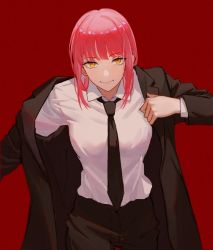Rule 34 | 1girl, black jacket, black necktie, black pants, black suit, breasts, chainsaw man, closed mouth, collared shirt, commentary, cowboy shot, doris (1349745448), dress shirt, eyelashes, formal, highres, jacket, light smile, lips, long sleeves, looking at viewer, makima (chainsaw man), medium breasts, medium hair, necktie, off shoulder, open clothes, open jacket, pant suit, pants, red background, red hair, ringed eyes, shirt, shirt tucked in, simple background, smile, solo, suit, white shirt, wing collar, yellow eyes