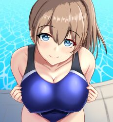 Rule 34 | 1girl, black one-piece swimsuit, blue eyes, blue one-piece swimsuit, breasts, brown hair, cleavage, competition school swimsuit, competition swimsuit, covered erect nipples, covered navel, hair between eyes, highres, intrepid (kancolle), kantai collection, large breasts, looking at viewer, montemasa, one-piece swimsuit, ponytail, pool, poolside, school swimsuit, short hair, smile, solo, swimsuit, two-tone swimsuit, water