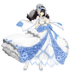 Rule 34 | 1girl, absurdres, black hair, blue flower, blunt bangs, bo li wei ling, breasts, bridal gauntlets, bridal veil, brown eyes, cleavage, closed mouth, dress, fingers together, flower, full body, girls&#039; frontline, gloves, hair flower, hair ornament, hairband, hands up, high heels, high ponytail, highres, jewelry, lace, lace-trimmed dress, lace trim, large breasts, long dress, long hair, looking at viewer, mole, mole under eye, petticoat, ponytail, ring, see-through, shoes, short sleeves, simple background, smile, solo, standing, star (symbol), type 95 (girls&#039; frontline), veil, wavy hair, wedding dress, white background, white dress, white footwear, white gloves, white hairband, white legwear