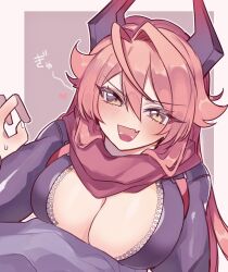 Rule 34 | 1boy, 1girl, absurdres, blush, breasts, cleavage, goddess of victory: nikke, heart, highres, horns, jacket, large breasts, miko (uuua12u), nervous sweating, pov, red hair, red hood (nikke), red scarf, scarf, simple background, sweat, sweatdrop, translation request, yellow eyes