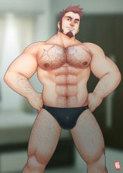 Rule 34 | 1boy, abs, absurdres, bara, beard, black male swimwear, black swim briefs, blue eyes, body hair, brown hair, bulge, doctor anfelo, facial hair, fate/grand order, fate (series), feet out of frame, hand on own hip, highres, long sideburns, male focus, male swimwear, muscular, napoleon bonaparte (fate), nipples, pectorals, scar, sideburns, simple background, smile, solo, swim briefs, swimsuit, thighs