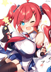 Rule 34 | &gt; &lt;, 1girl, :3, :d, azur lane, bare shoulders, blue eyes, breasts, cat, cleavage, collared shirt, commentary, detached sleeves, fang, fingerless gloves, gloves, hair ornament, hairclip, large breasts, microphone, necktie, one eye closed, open mouth, pink hair, pleated skirt, san diego (azur lane), shirt, skirt, smile, solo, star (symbol), supershiruco, thighhighs, twintails