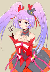 Rule 34 | 1girl, bare shoulders, blue hair, blush, breasts, brown background, cleavage, cure magical, cure magical (ruby style), dated, de (deys), detached collar, gem, gradient hair, hat, izayoi liko, long hair, magical girl, mahou girls precure!, mini hat, mini witch hat, multicolored hair, precure, purple eyes, purple hair, red gemstone, ruby style, signature, simple background, solo, twintails, witch hat