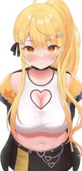 Rule 34 | 1girl, belt, blonde hair, breasts, buckle, chocomaru, cleavage, cleavage cutout, clothing cutout, hair ornament, heart, heart-shaped buckle, heart belt, heart cutout, highres, hololive, jacket, large breasts, light blush, light smile, looking at viewer, md5 mismatch, navel, official alternate costume, official alternate hairstyle, open clothes, open jacket, ponytail, solo, star (symbol), star hair ornament, tank top, virtual youtuber, yellow eyes, yozora mel, yozora mel (streetwear)